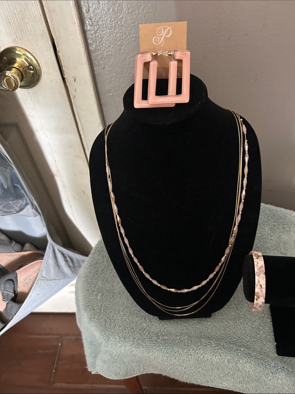 Pink Multi-Strand Necklace, earrings and Resin Bracelet Set